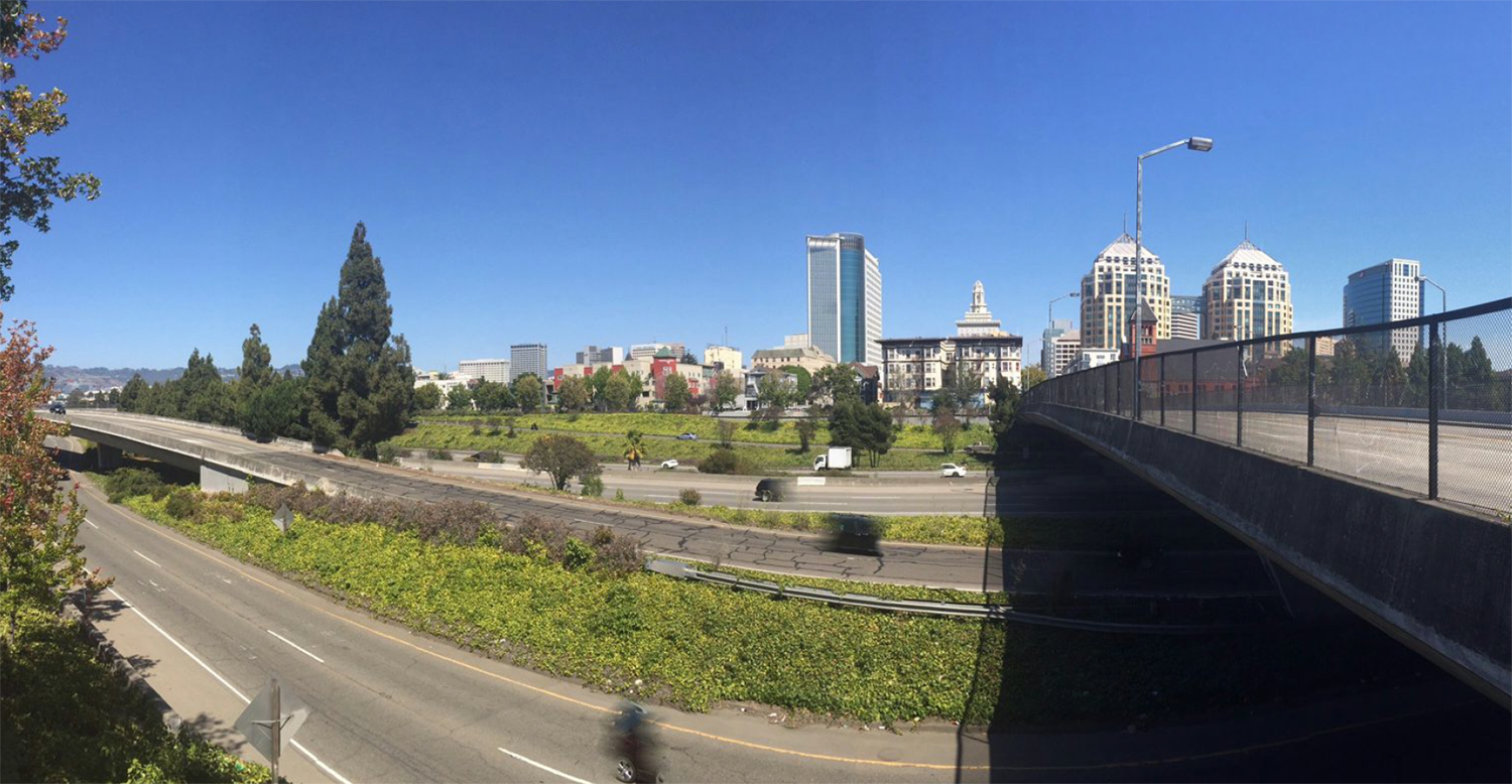 I-980 at 14th Street, looking east towards Downtown Oakland.