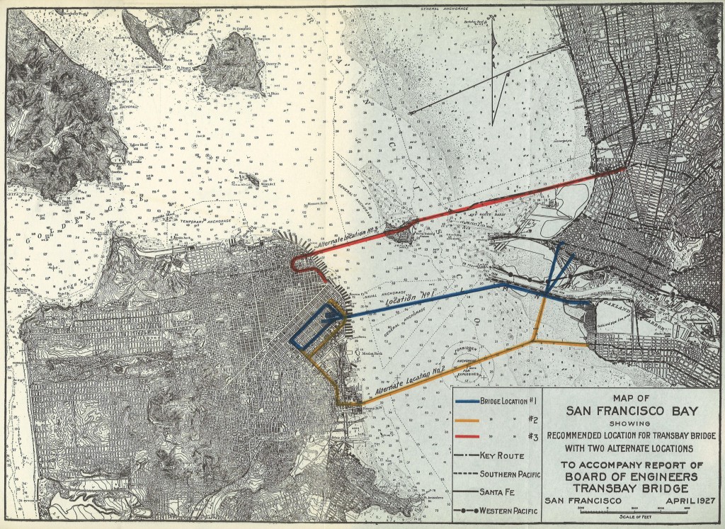 The alignment that would later result in I-980 predates the alignment of the current Bay Bridge. In this 1927 diagram a Grove-Shafter alignment is identified via Alameda in Location No. 1.
