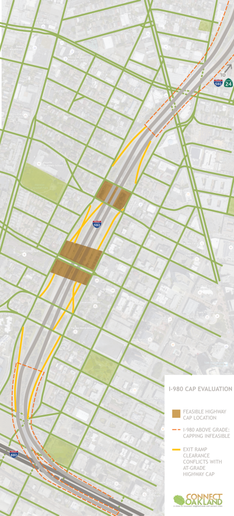 ConnectOakland has determined that the existing configuration of I-980 and probable construction cost makes decking over the highway infeasible. 